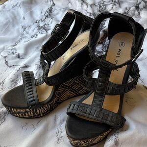 Wedge Sandals - Black and Tan Bohemian
